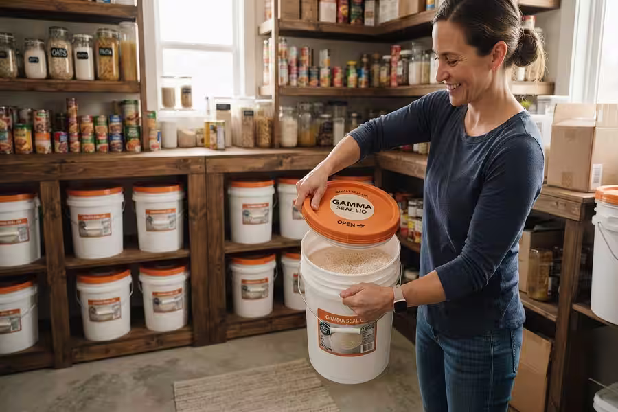 5 gallon buckets with gamma lids being opened easily in a home storage setup