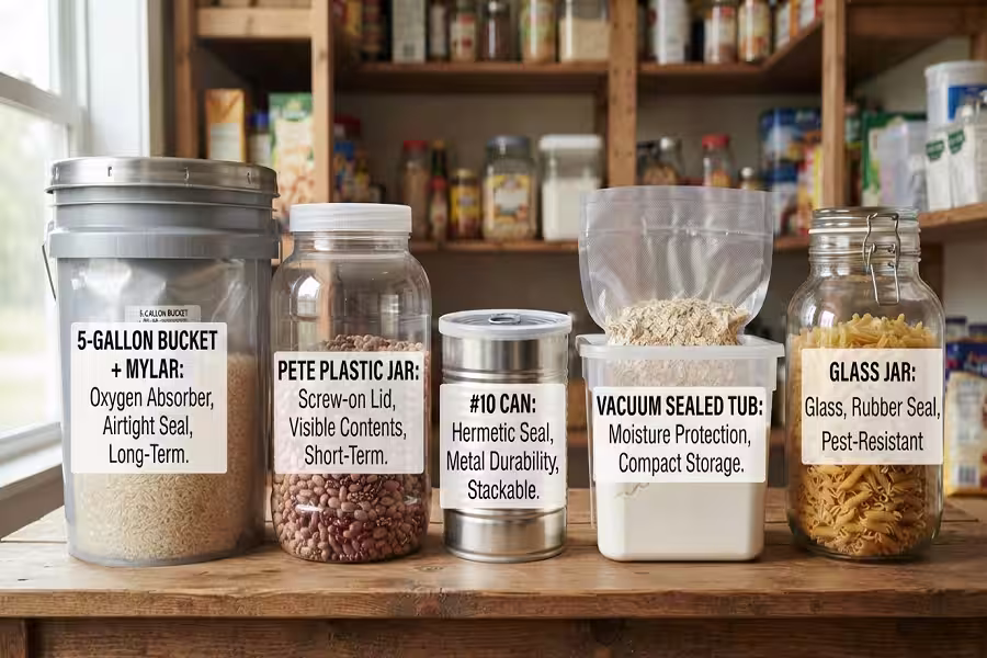 Comparison of bulk food storage containers and lid types for emergency preparedness