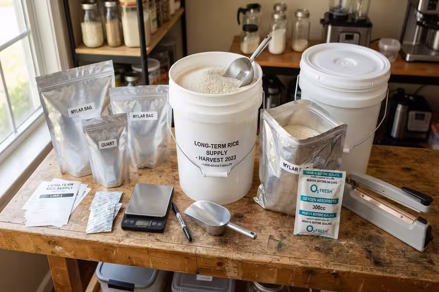 Essential supplies for storing rice including mylar bags buckets and oxygen absorbers