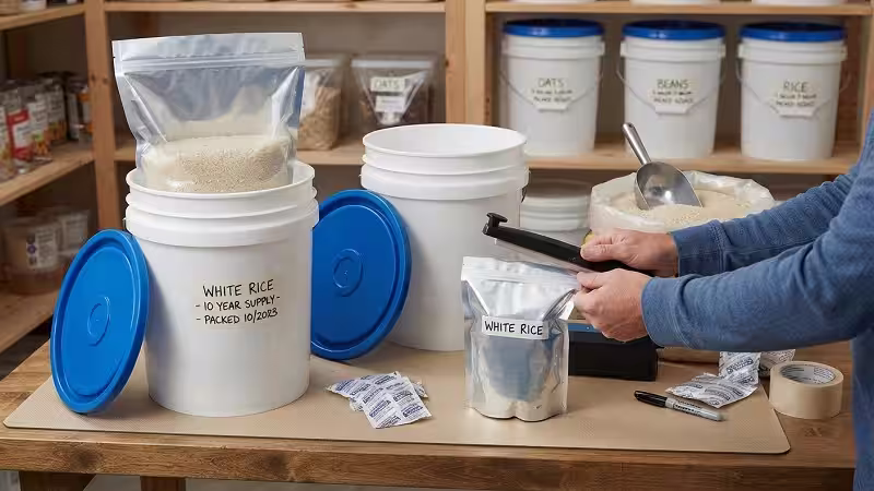 How to store rice for 10 years long term emergency food supply buckets