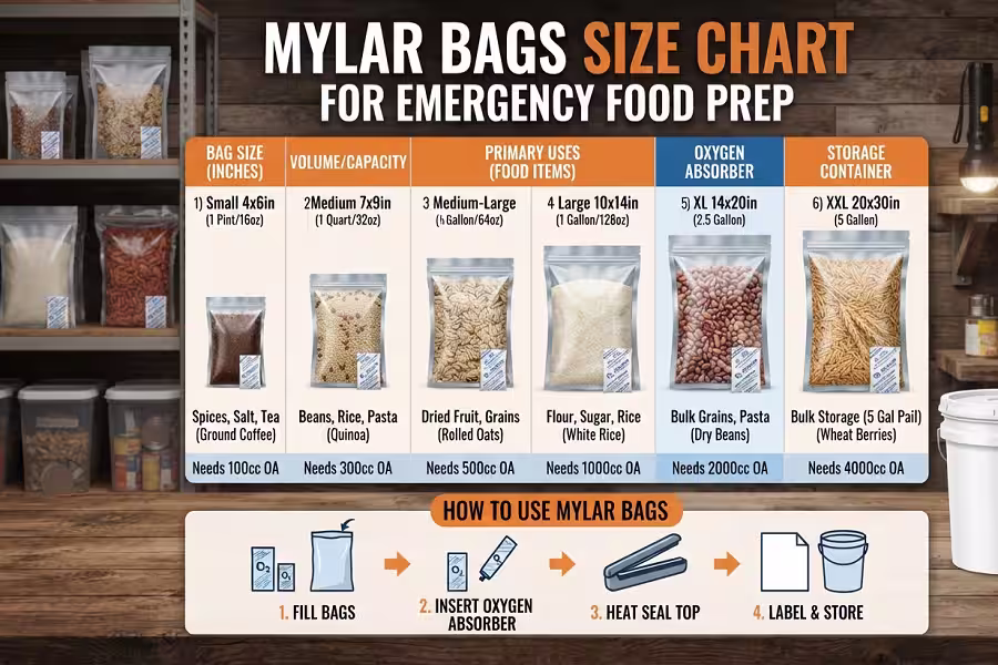 Mylar bags size chart for emergency food prep