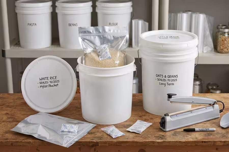 Proper storage of mylar bags inside food-grade buckets