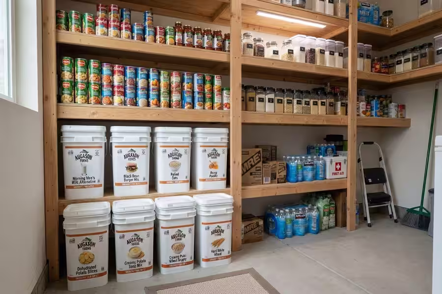 Properly stacked Augason Farms emergency storage buckets in a pantry