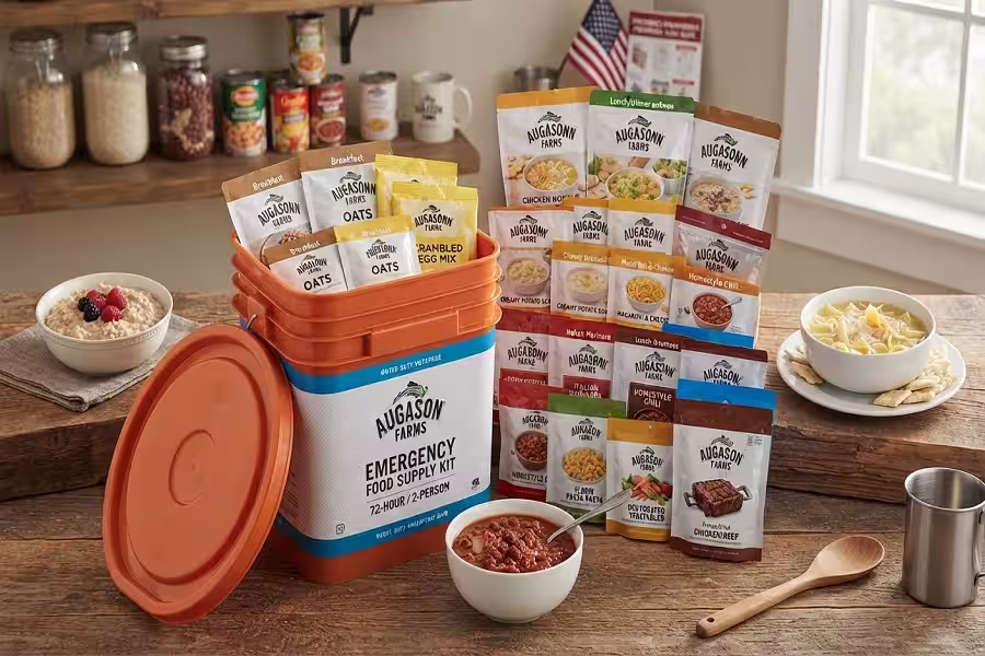 Variety of breakfast, lunch, and dinner entrees inside an Augason Farms kit