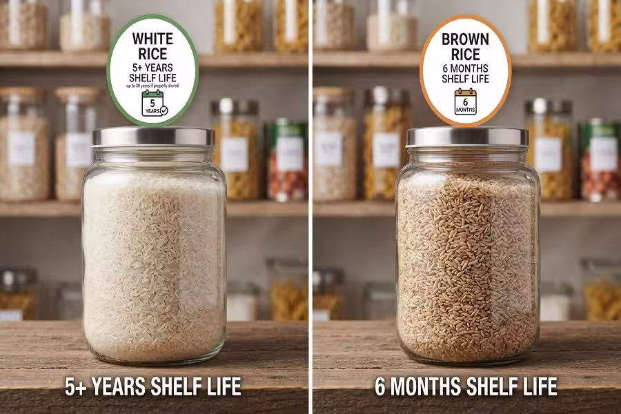 White rice grains compared to brown rice for emergency storage shelf life