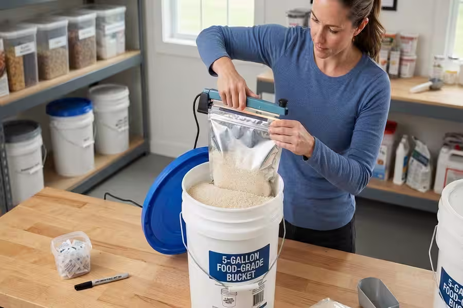 step-by-step process of packing mylar bags inside 5 gallon buckets for rice storage