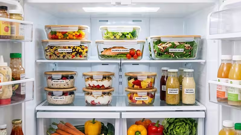 Best glass meal prep containers organized in a fridge with healthy food