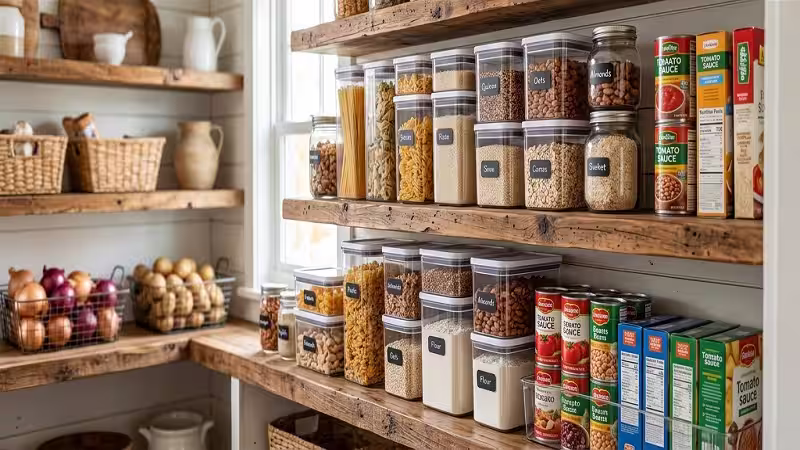 Best stackable pantry organizers neatly arranged on wooden shelves