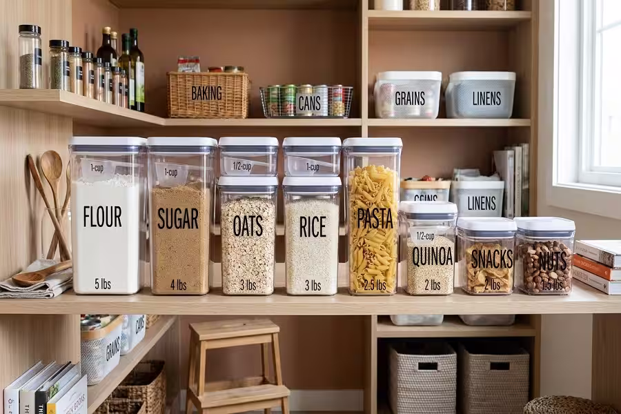 Clearly labeled stackable food containers with measuring scoops in a modern pantry