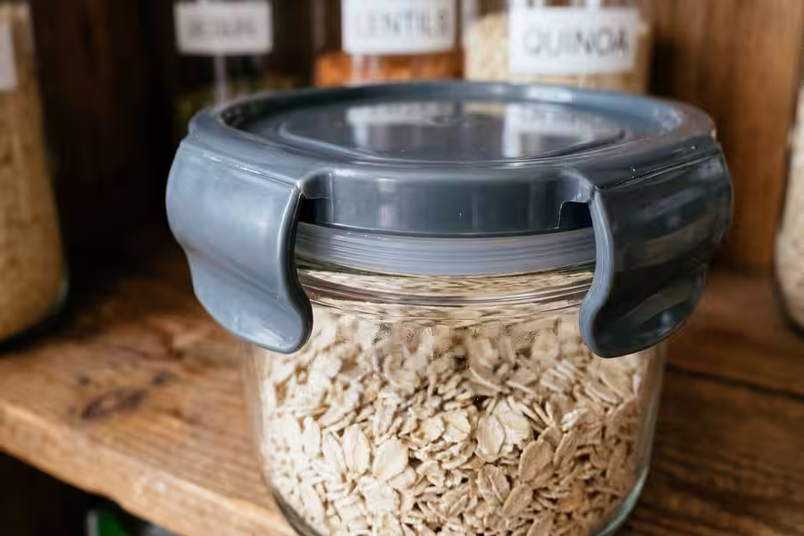 Close up of an airtight silicone gasket lid on a pantry food storage container