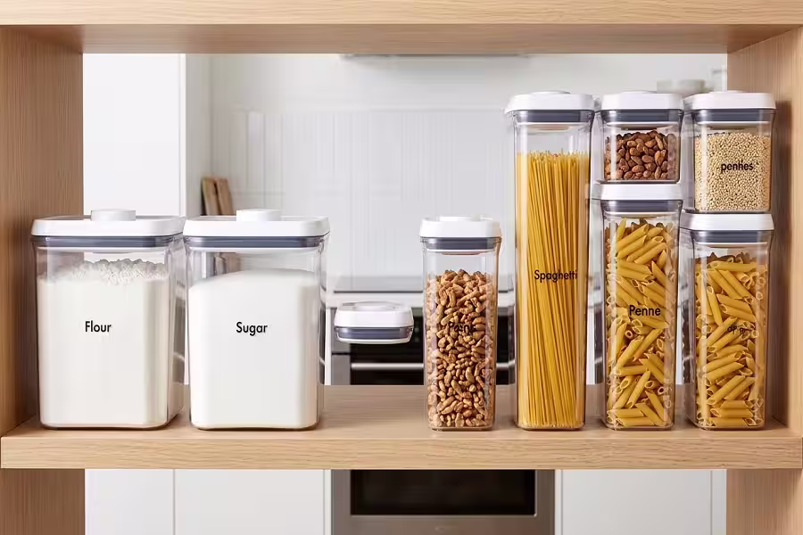Different sizes of OXO POP containers storing flour sugar and pasta