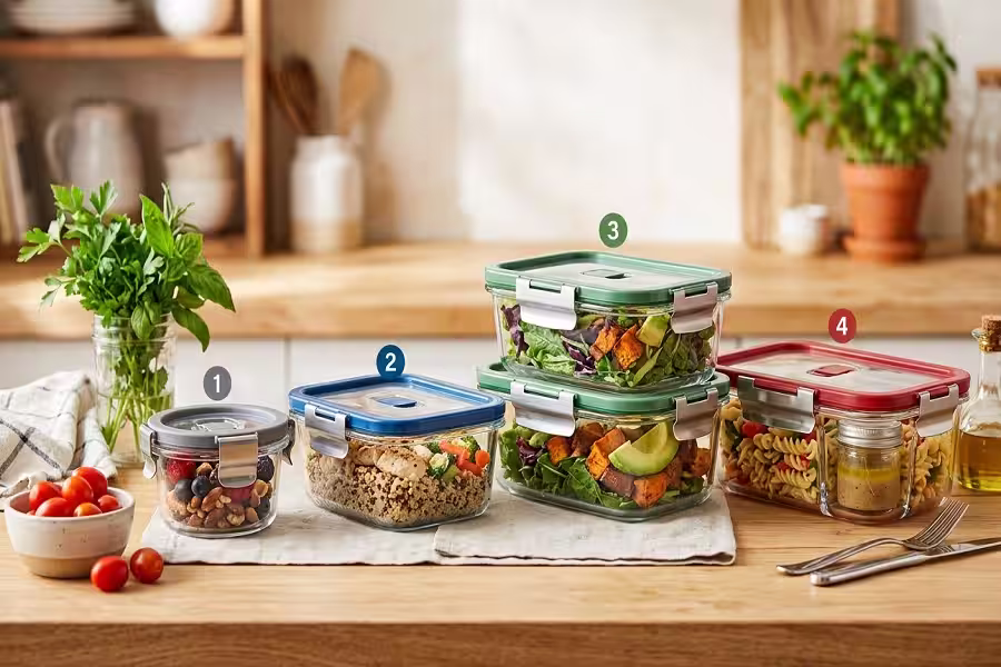 Glass meal prep container sizes and latching lid options