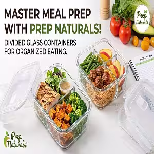 Prep Naturals glass meal prep containers with divided compartments