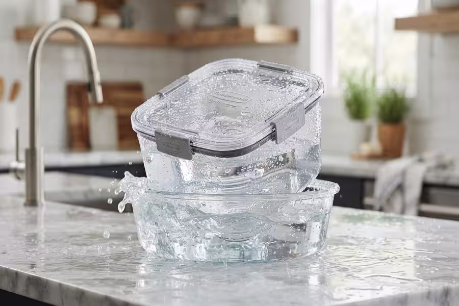Rubbermaid Brilliance container undergoing leakproof water test