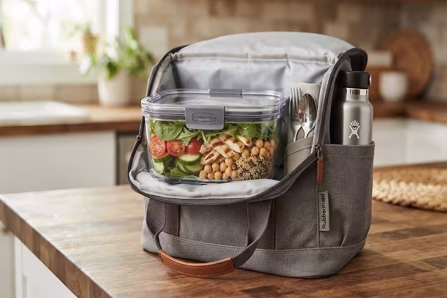 Rubbermaid Brilliance plastic container packed inside a daily lunch bag