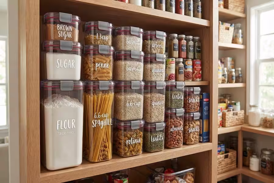 Stacked Rubbermaid Brilliance containers organized in a pantry shelf