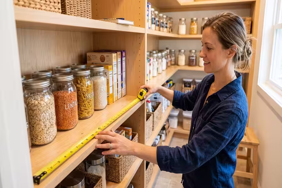 Using a tape measure to check pantry shelf depth and height before buying organizers